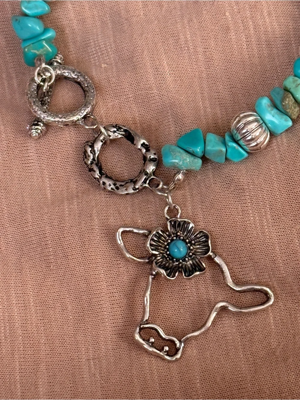 Turquoise Bead Cow Charm Bracelet - Silver Accents
